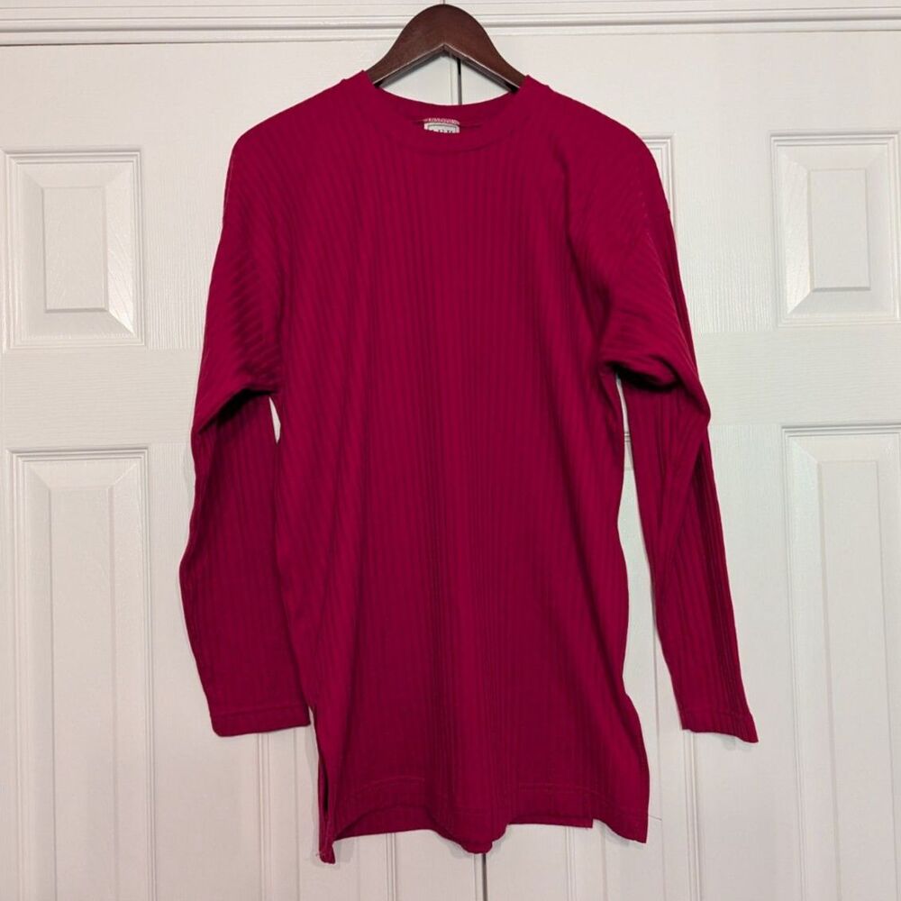 Vintage Ivy Ribbed Long Sleeve Tunic Top Magenta Pink Side Slits Women's M